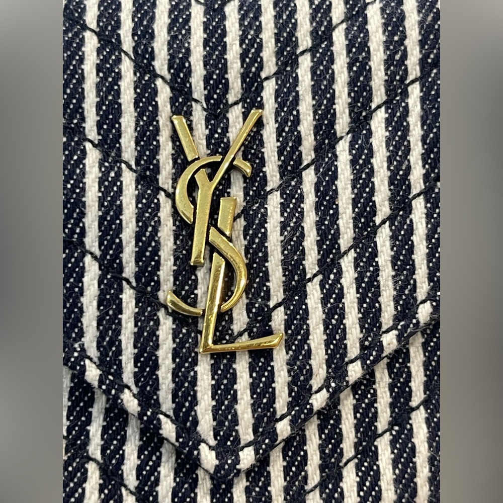Saint Laurent YSL Monogram Striped Denim Joe Crossbody Chain Bucket Bag - Picture 2 of 8